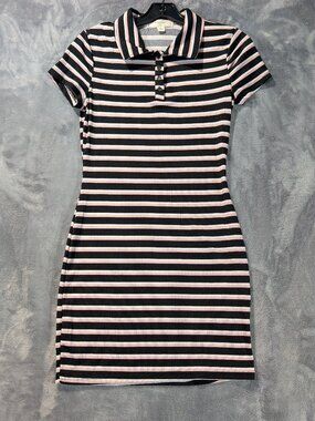 No Comment Dress Juniors Large Black Pink Striped Ribbed Polo Bodycon Mini Short